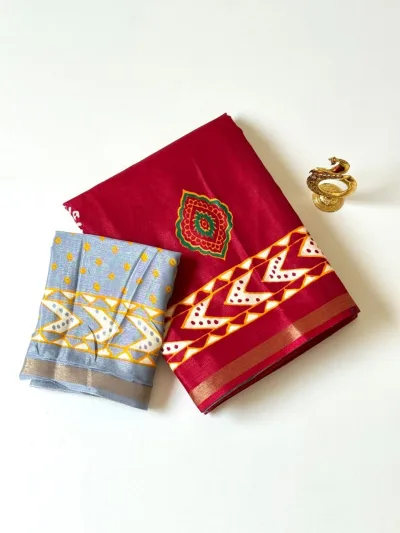 Mul Cotton Saree - Rani Pink with Peach Orange Contrast